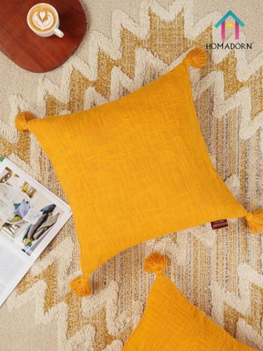 Image of HOMADORN Luxury Cotton Handmade Decorative Boho Throw Pillow Covers with Tassels for Sofa Couch Living Room Indoor Outdoor Chair Car Farmhouse (16X16 INCHES (Square), Mustard (Pack of 2))