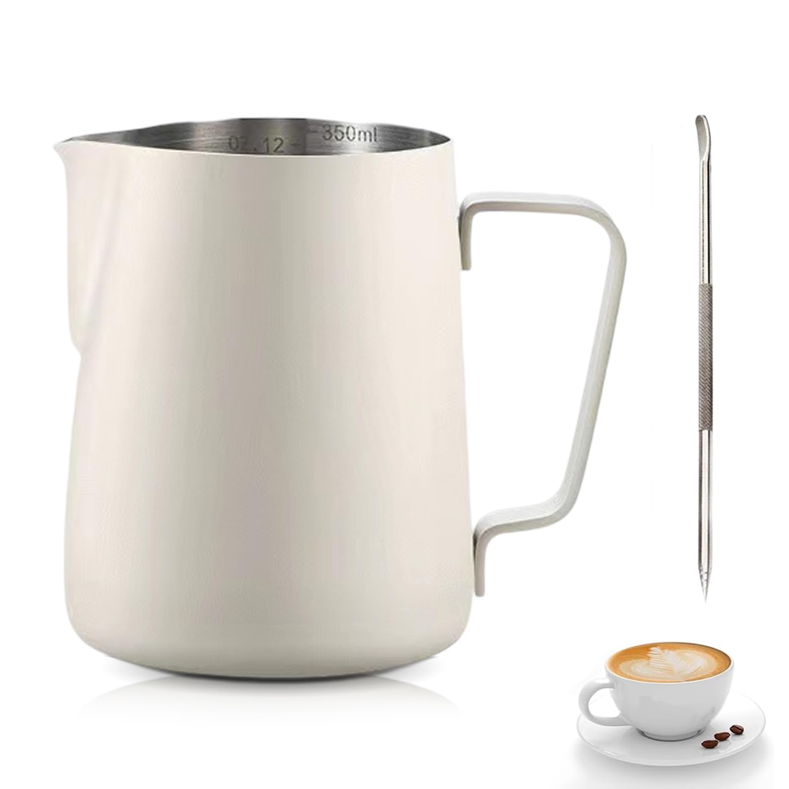 dzbanek na mleko ze stali nierdzewnej, 350 ml, dzbanek na mleko ze stali nierdzewnej, dzbanek do spieniania mleka z pisakiem barista, pomiar do cappuccino i latte (beżowy)