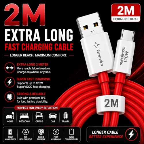 Image of Tarendra 120W 10A USB to Type-C Fast Charging Cable | 1 Meter TPE Data Cable | SuperVOOC Fast Charge & Data Sync | Compatible with OnePlus OPPO Realme Vivo Xiaomi Samsung Type-C Devices