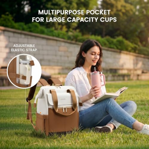 Image of LOVEVOOK Laptop Backpack for Women with Giant Tumbler Holder, 15.6 Inch Work Laptop Bag with USB Port, Fashion Teacher Nurse Backpack Purse, Waterproof Travel Computer Backpack, 2PCS,Off-white-Yellow