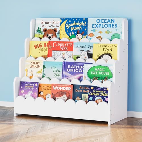 Image of SpaceAid 4-Tier Scalloped Bookshelf, Montessori Bookcase for Toddlers, Wooden Book Shelf Organizer Display Furniture for Kids Rooms, Playroom, Nursery and Classroom, 29.6 inch Wide, White