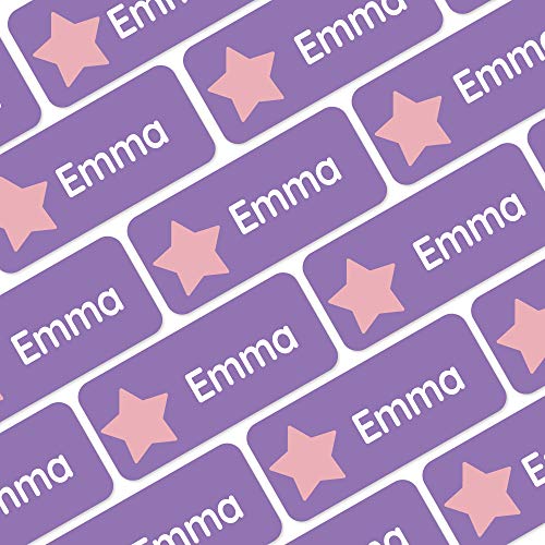 Teddylabels - 120 Personalized Name Labels (1.2” x 0.5”) to Use on Clothes and Gear. Waterproof and Self-Adhesive Labels for Everyone – Toddlers, School Kids, and Parents - Shapes - Purple - 4
