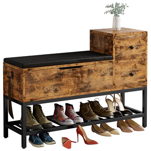 IRONCK Shoe Bench, 2 Tier Shoe Rack with Hidden Storage and 2 Drawers, Shoe Storage Bench with removable Seat Cushion and Shoehorn, Hallway Entryway Bench, 100x30x67cm, Vintage Brown