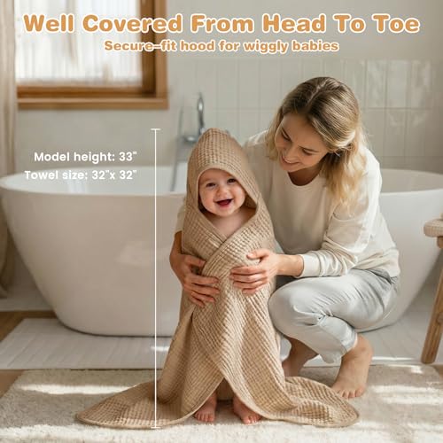 Image of Muslin Hooded Baby Towels 2-Pack, 6-Layer 100% Cotton Baby Bath Towels for Newborns, Infants and Toddlers, Large 32 x 32 Inch, Ultra-Soft, Highly Absorbent Hooded Bath Essentials, Beige & Coffee