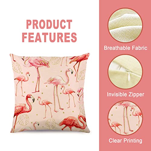 Onecmore Summer Flamingo Pillow Covers 18X18 Set Of 4 Green Tropical Leaves Palm Leaf Pink Floral Animal Throw Pillowcase For Sofa Bed Couch Cushion Covers Decor Cushion Case Party Supply Decorations #TOP1
