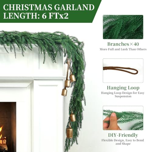 6Ft 2Pcs Artificial Norfolk Pine Garland, Real Touch Faux Greenery for Fireplace Mantel Staircase Wall, Christmas Hanging Indoor Outdoor Decor - image 3