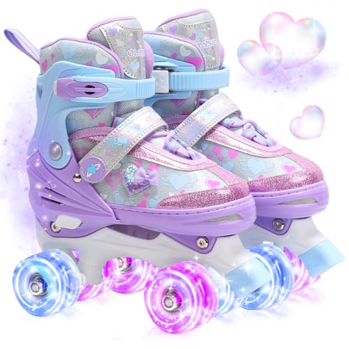 OLYSPM Rollschuhe Kinder Mädchen mit Glitzerherzen & Leuchträdern,4-Fach verstellbar, Roller Skates Kids für Anfänger,Geschenkidee zu Geburtstag Weihnachten(Violett,M)