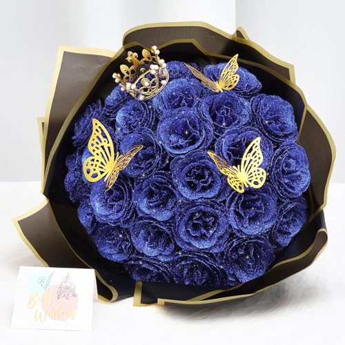 Dremisland Ramo de rosas com purpurinas azuis 26 peças flores artificiais ramo de rosas falsas com haste longa flores falsas para noiva casamento e compromissos casa jardim centros de mesa decoração