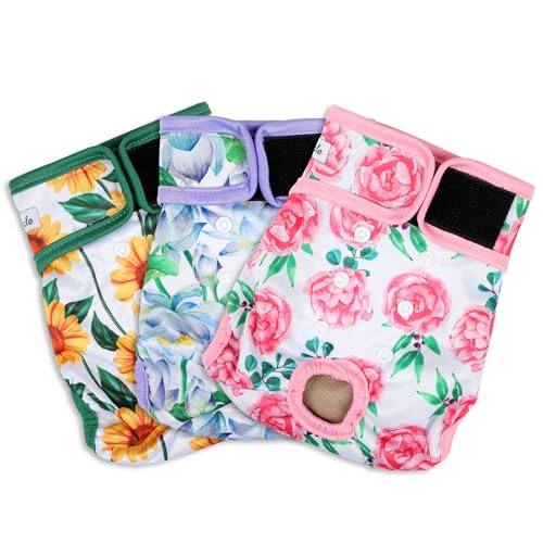 Image of Washable Female Dog Diapers - Premium Reusable Diapers for Doggie in Heat - Highly Absorbent Dog Diapers Female for Pet Incontinence with Adjustable Snaps Sunflower, M