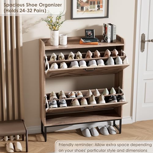 Image of Nicetree Shoe Cabinet with 2 Flip Drawers，Freestanding Shoe Storage Cabinet, Narrow Shoe Organizer Cabinet, Farmhouse Slim Shoe Rack Cabinet for Entryway,Toasted Oak