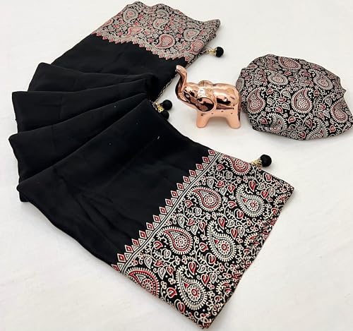 Image of SATIKA VASTRAM Modal Silk Ajrakh Saree Bandhani Design Crepe Printed Designer Pallu Attach Blouse Piece