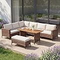 LAUSAINT HOME 8 Pieces Outdoor Patio Furniture Set, PE Wicker Sectional Conversation Sofa with Adjustable Backrests, Storage Ottoman & Wood Table with Umbrella Hole, Beige