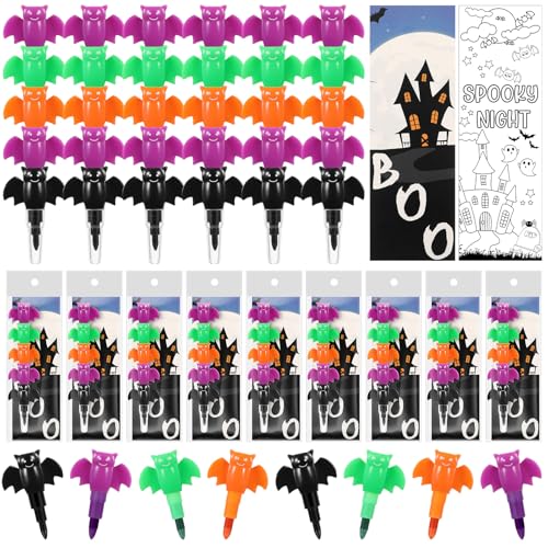MotiMind 24 Set Halloween Crayons Party Favors Bat Stackable Crayons with Drawable Cards Kids Halloween Party Gifts Prize Carnival Bulk Non Candy Treats