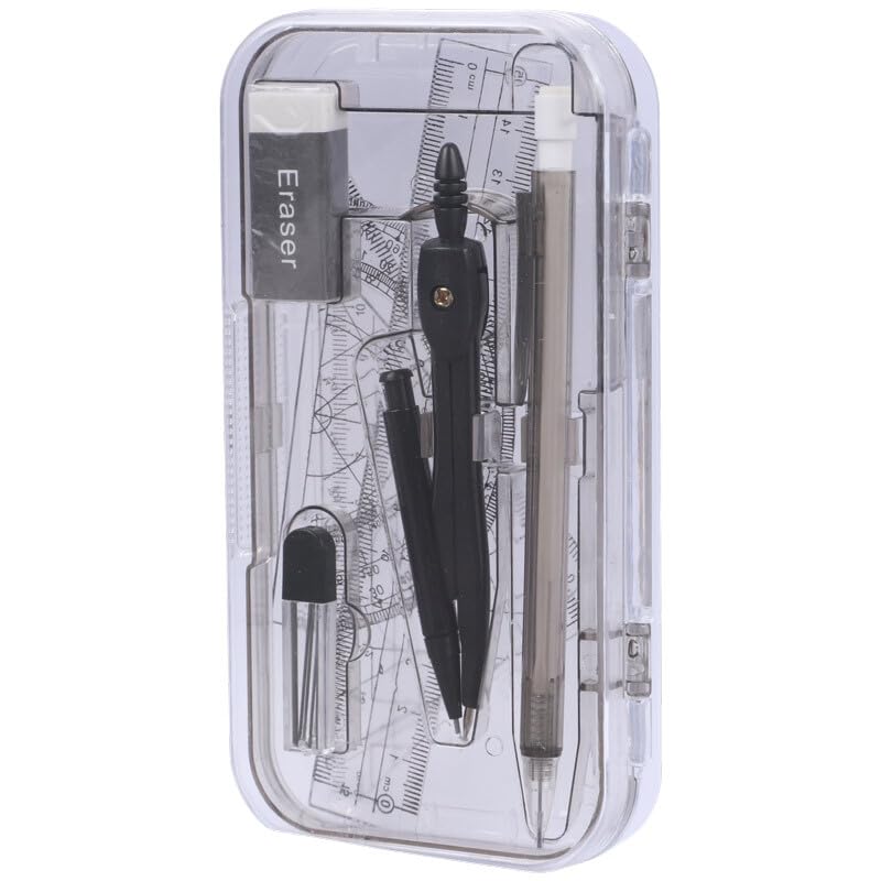 Image of SHAKTISM 8-Piece Professional Math Geometry Set with Durable Metal Compass, Includes Rulers, Protractor, 2B Lead Refills & Eraser - Drawing Tool Kit for Boys & Girls Random Color
