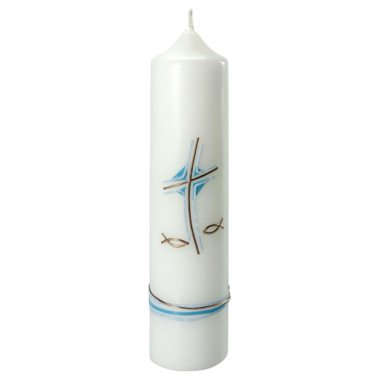 Light Blue Candle for Baptism, Cross and Fishes, 265x60 mm