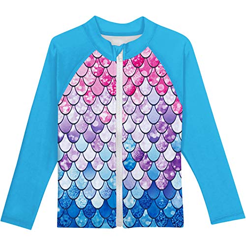 Baby Girls Long Sleeve Rashgurad Swimsuit Summer Mermaid Rash Guard Swim Shirt with Zipper Kids Blue One Piece UPF 50+ Sunsuits 2-3T