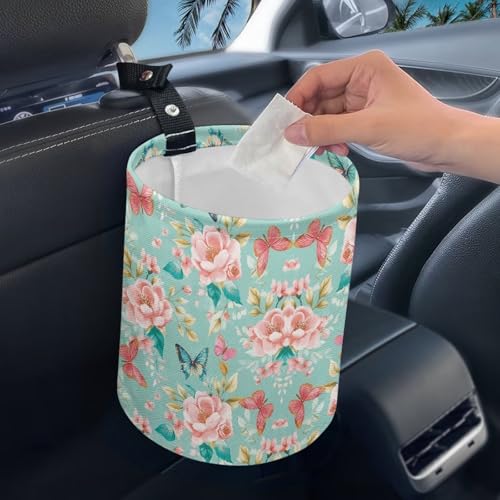 Image of Pink Roses Butterflies Car Trash Bin Folding Vehicle Garbage Small Mini Front Back Seat Rubbish Basket with Strap Travel Garbage Organizer Bag Accessories, Keep Tidy Pink