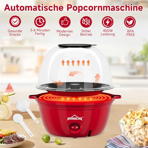 HOMELUX Popcornmaschine Popcorn Maker 450W Mini Popcorn Maschine mit Messlöffel Antihaftbeschichtung Snack Popcorn Popper für Zuhause Party Kinder, Deckel als Servierschale, Stille & Schnelle Rot