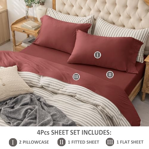 PURE ERA Jersey Knit 4pc Bed Sheet Set 100% T-Shirt Cotton Super Soft Comfy Breathable Fits Mattress Up to 20" Extra Deep Pocket (Solid Brick Red, Queen)