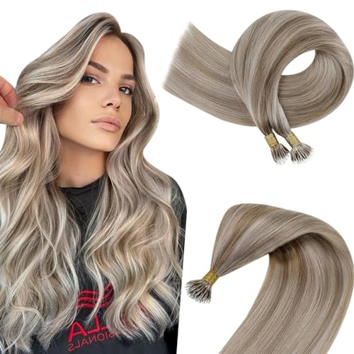 Easyouth Nano Human Hair Extensions Highlight Nano Beads Hair Extensions Human Hair Light Brown Mixed Platinum Blonde Nano Ring Hair Extensions Real Hair Pre Bonded For Volume 14Inch 50g/50s #P8/60