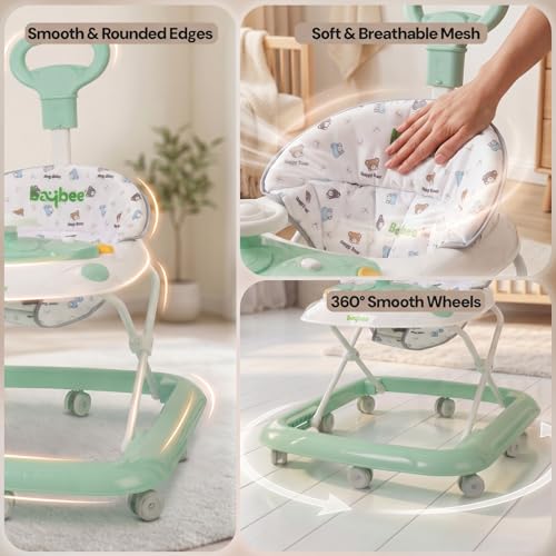 Image of Baybee Baby Walkers for 6-18 Month Baby Boy and Girl with Parental Handle | Interactive Musical Activity, Removable Play Panel & Feeding Tray, Breathable Soft Mesh Seat, Foldable Portable Design | Push Walker for kids (Green)