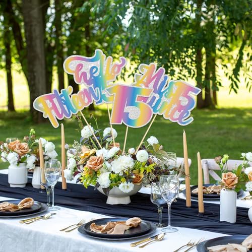 Image of Rainbow Glitter 15th Birthday Centerpiece Sticks,15 Fabulous Table Toppers,Cheers to 15 Birthday Anniversary Party Decorations for 15th Birthday Wedding Party Table Decorations