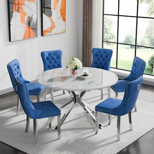 Image of 7-Piece Round Dining Table Set for 6, Modern Faux Marble Kitchen Table and Blue Velvet Chairs Set of 6, Luxury 45 inch Circle White Silver Dining Room Tables with Stainless Steel Cross Legs