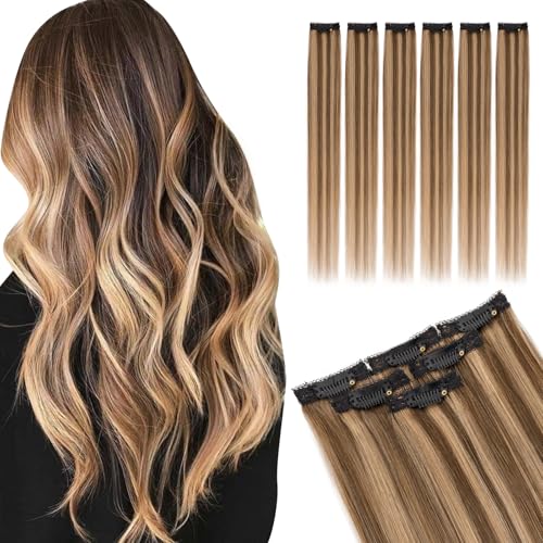 Elailite Hair Extensions Clip In Real Human Hair Remy Single Clip Double Weft 6 Pcs Seamless Highlights Hairpieces Straight - #4/27 Medium Brown Mix Dark Blonde - 10 Inch 31g