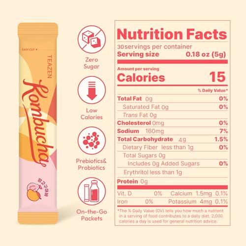 Image of TEAZEN Mango Guava Kombucha Tea, Hydration Drink Mix, Sugar Free, Live Probiotics & Prebiotics, 30 Sticks, 5.29oz