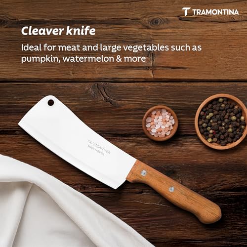 Image of TRAMONTINA Dynamic 15cm Cleaver | Heat-Treated Stainless Steel Blade | Natural Wood Handle with Aluminum Rivets | Powerful & Durable Meat Chopper
