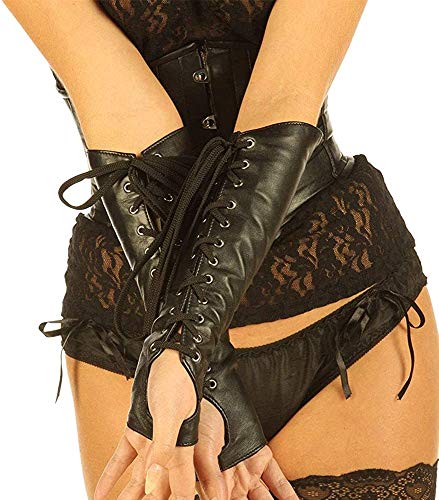 Pair Full-grain Leather fingerless Lace Arm Gloves Steampunk Gothic Vintage (Medium)