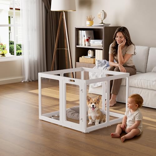 Image of Clear Acrylic Dog Playpen Indoor, Puppy Cat Small Pet Play Pen, Pet Cat Playpen for Rabbits, Dog Fence Crate Kennel Whelping Cage (30 inch, White, 8 Panel)