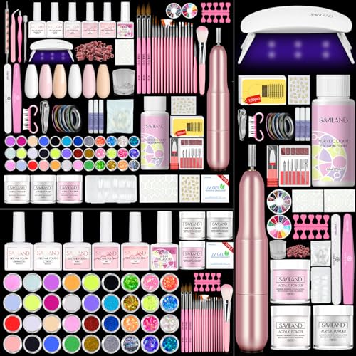 SAVILAND Acrylic Nail Kit with Drill: Professional Nails Kit Acrylic Set with Everything U V Light Gel Polish Nail Glue Tips Nail Art Supplies for DIY Home Salon