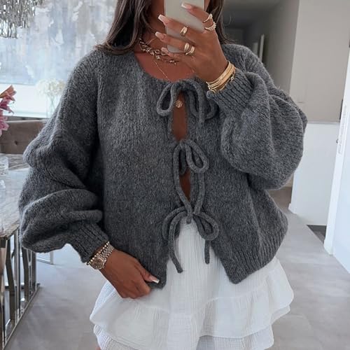 Image of Women Knitted Tie Front Cardigan Tops Casual Knitwear Top Long Sleeve Open Front Baggy Sweater Y2k Girls Outwear