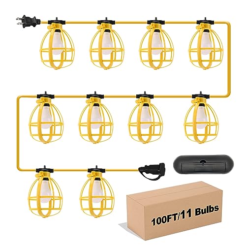 Yaoledly 100FT Construction String Lights with Outdoor Extension Cord Safety Cover, 100W 11 Bulbs Work Lights, IP65 Waterproof, 8000LM 6500K Temporary Lighting for Workshop, Mine cave, Job Site