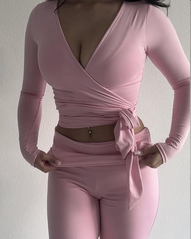 Women Y2k Long Sleeve Wrap Crop Top Ballet Pilates Workout Yoga Tie Front Shirts V Neck Slim Fit Wrap Corset Tops - Image 3