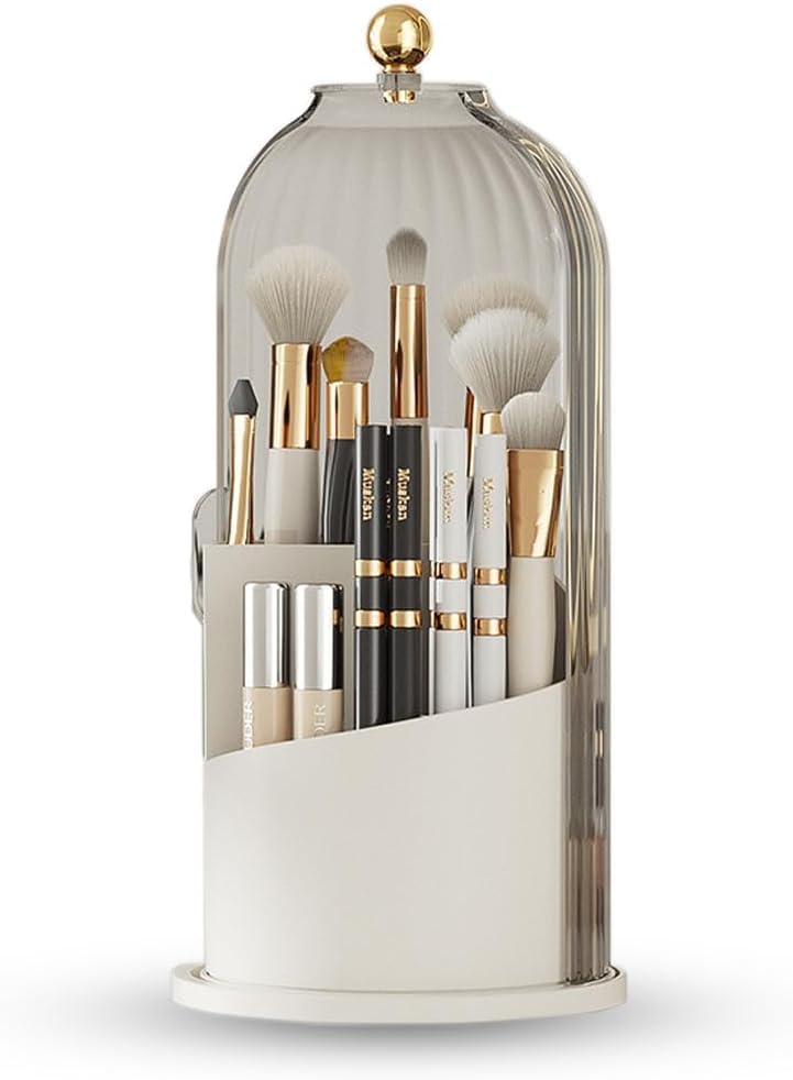 Tiny AlpacaMakeup Brush Storage Box 360 Degrees Rotated Cosmetic Storage Rack with Dustproof Lid,Makeup Storage Box for Vanity Desktop Bathroom Countertop (Transparent Grey)