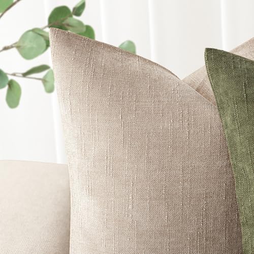 Image of Foindtower Set of 2 Soft Textured Chenille Throw Decorative Pillow Covers Square Accent Solid Cushion Cover Cozy Neutral Farmhouse Pillow Case for Couch Sofa Bedroom Living Room 26x26 Inch,Cream Camel