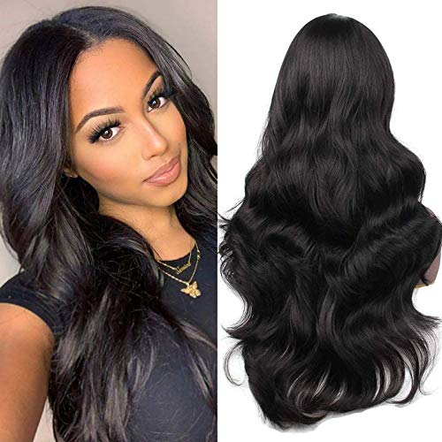 Image of BLACK HAIR WIG LONG WAVY CENTER PART