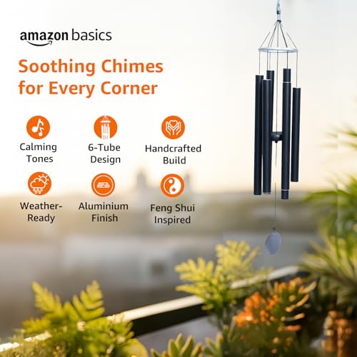 Image of Amazon Basics Decorative Wind Chimes for Balcony, Home & Garden | Pleasant Sound | Handcrafted | Metal Chime for Home Decor & Gifting | Color: Black | Material: Aluminum | Size: 80L x 12W x 12H cms