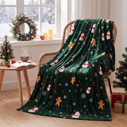 Christmas Fleece Throw Blanket 50"x60"for Sofa,Green Gingerbread Pattern