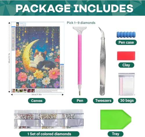 Image of SANYUN Cat Diamond Art Kits for Adults,Diamond Painting Kits for Beginners Flowers & Moon,5D DIY Round Diamond Dot Painting with Tools for Holiday Gift and Home Decor(12x16inch)