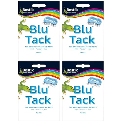 Reusable Adhesive Putty Blu Tack original, Handy Size Multipurpose Sticky Tack, Removable Adhesive Putty, Clean, Safe & Easy to Use Sticky Tack for Home and Office (4, White)