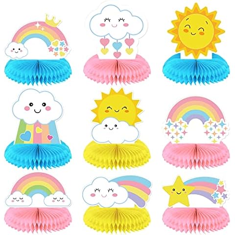 9 Pieces Rainbow Party Supplies 3D Sun Rainbow Cloud Honeycomb Centerpieces Toppers Rainbow Baby Shower Decorations Rainbow Centerpieces Honeycomb Decorations for Tables for Birthday Party Favors Cover