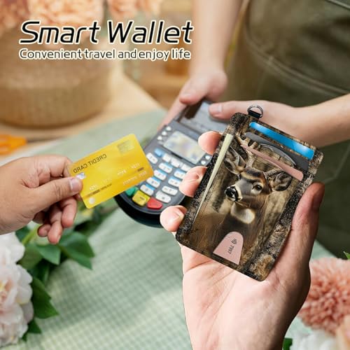 Image of Small Travel Wallets, Camo Deer Tree Slim Minimalist Front Pocket Wallet with Wristlet, RFID Blocking PU Leather Credit Card Holder with ID Window Change Purse for Men Women