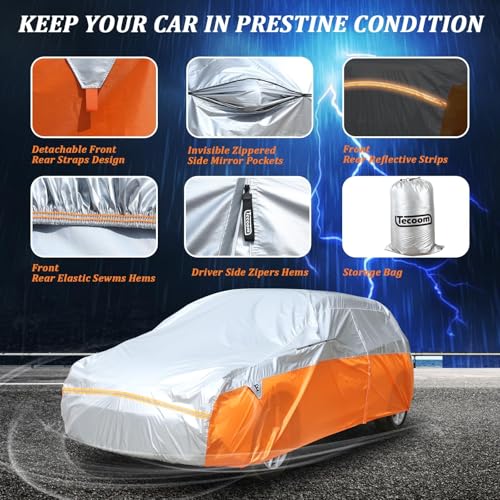 Image of Tecoom Car Cover for Automobiles, Weatherproof Full Exterior Covers, Universal Car Tarp Covers w /Detachable Gust Straps for Toyota Corolla Ford Focus Chevrolet Sonic, Fit 160 inch-172 inch Hatchback