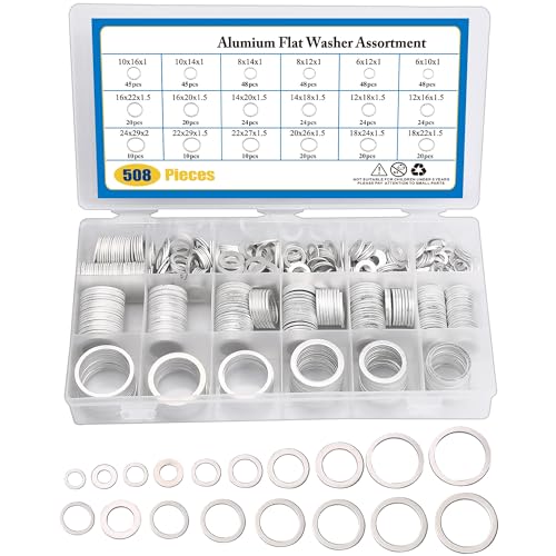 508 pcs Automotive Metric Oil Drain Plug Gasket Aluminum Flat Washer Assortment Kit, Including 18 Different Sizes (M6 M8 M10 M12 M14 M16 M18 M22 M24)