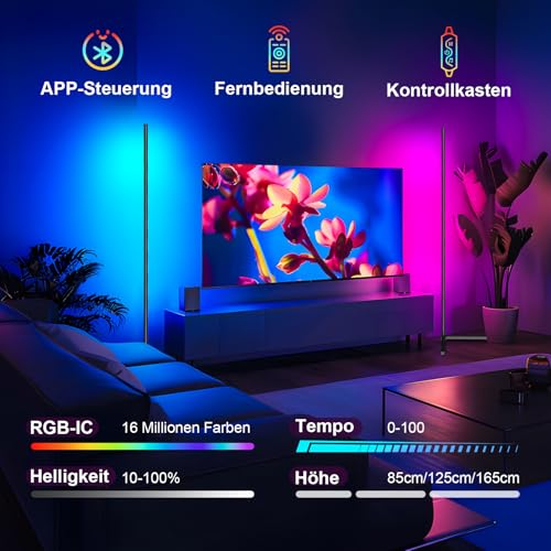 Lampada da Terra LED 165cm Con Adattatore RGB Piantana Lampada Dimmerabile con Telecomando e APP, 16 Milioni Colori, Musica Sincronizzazione e Timer e DIY Modalità (165cm | con Adattatore) - Illuminazione - Immagine 2