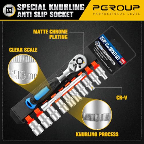 Image of 12PCS 1 /4 inch Drive Metric Socket Wrench Set, 90-Tooth Reversible Ratchet Handle,6 Point Shallow Sockets (4-13mm) and Extension Bar 4 inch, CR-V Steel, Tool Set For Car,Motorcycle,Bike Repair