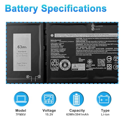 Image of 63Wh 7FMXV Laptop Battery Replacement for Dell Latitude 7320 7420 7520 5320 5320 2-in-1 /7320 2-in-1 /7420 2-in-1 Series TN2GY 0TN2GY 9JM71 4M1JN 1PP63 727CG HDGJ8 MHR4G CN-0727CG CN-0TN2GY